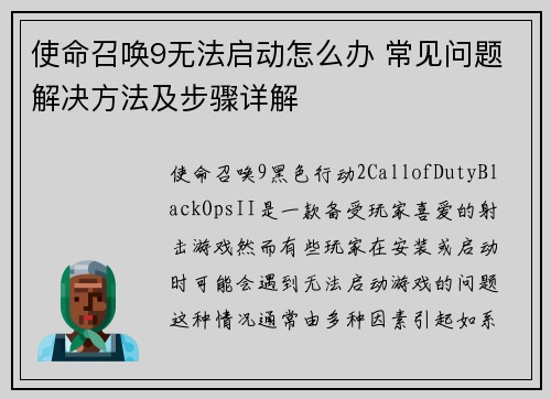 使命召唤9无法启动怎么办 常见问题解决方法及步骤详解