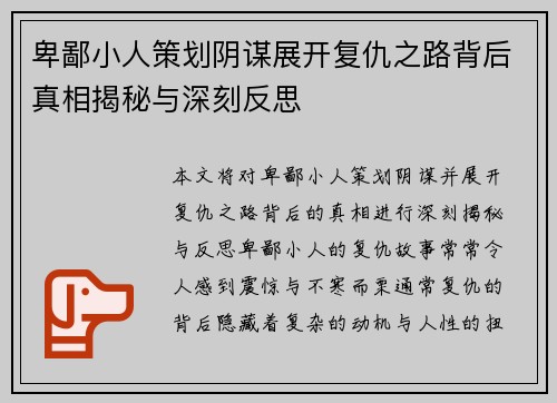 卑鄙小人策划阴谋展开复仇之路背后真相揭秘与深刻反思