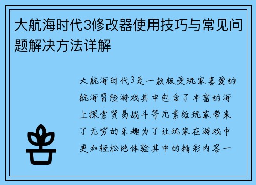 大航海时代3修改器使用技巧与常见问题解决方法详解