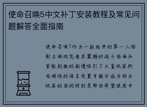 使命召唤5中文补丁安装教程及常见问题解答全面指南